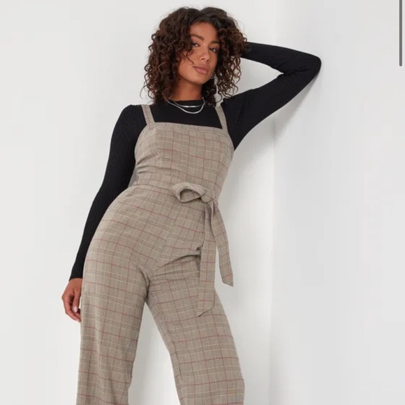 Lulus Autumn Essential Brown Plaid Sleeveless Wide Leg Jumpsuit - Picture 2 of 3